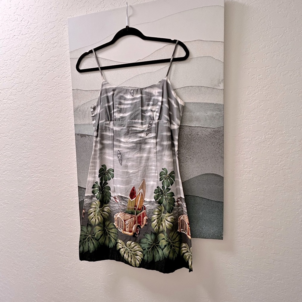 Vintage Grey Hawaiian Print Cotton Dress Size Medium